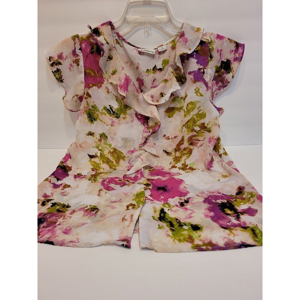 Liz Claiborne Blouse Womens Medium Multicolor Excellent Ruffle Floral Cap Sleeve